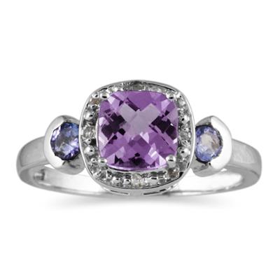 Cushion Cut Amethyst & Tanzanite and Diamond 10k White Gold Ring