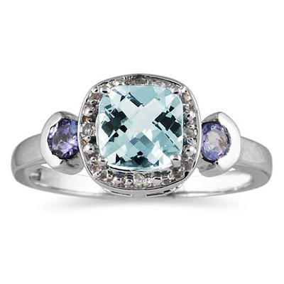 Cushion Cut Aquamarine & Tanzanite and Diamond 10k White Gold Ring