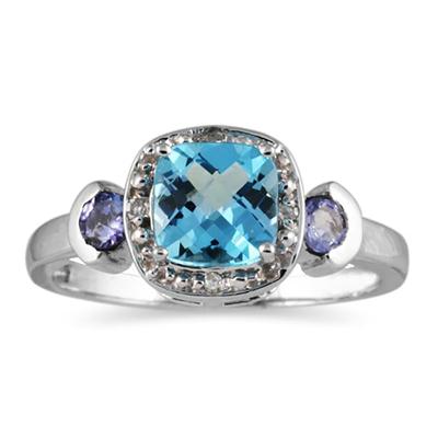 Cushion Cut Blue Topaz & Tanzanite and Diamond 10k White Gold Ring