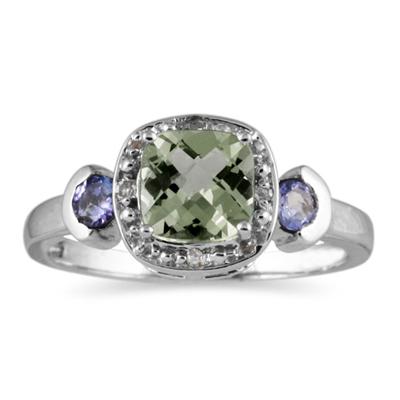 Cushion Cut Green Amethyst & Tanzanite and Diamond 10k White Gold Ring