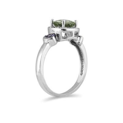 Cushion Cut Green Amethyst & Tanzanite and Diamond 10k White Gold Ring