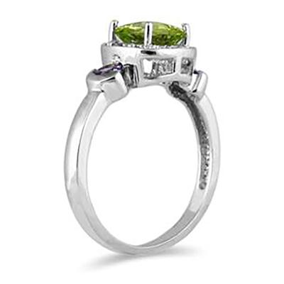 Cushion Cut Peridot & Tanzanite and Diamond 10k White Gold Ring