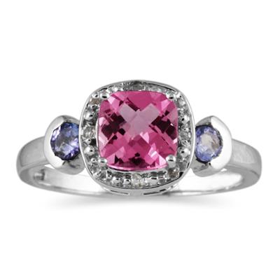 Cushion Cut Pink Topaz & Tanzanite and Diamond 10k White Gold Ring