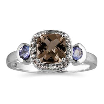 Cushion Cut Smokey Quartz & Tanzanite and Diamond 10k White Gold Ring