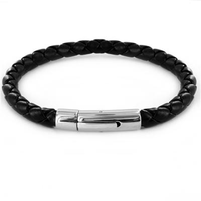Simulated Black Leather Bracelet with Stainless Steel Hinge Clasp