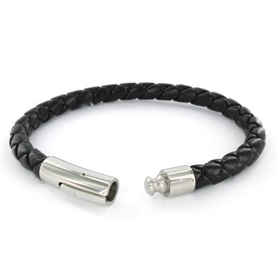 Simulated Black Leather Bracelet with Stainless Steel Hinge Clasp