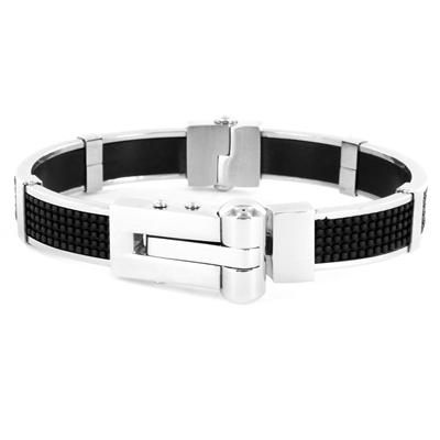 Stainless Steel Black Rubber with Textured Design Bracelet