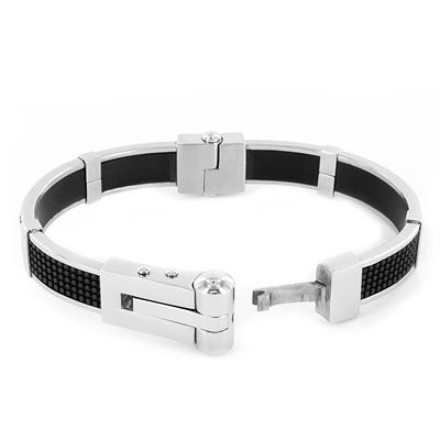 Stainless Steel Black Rubber with Textured Design Bracelet
