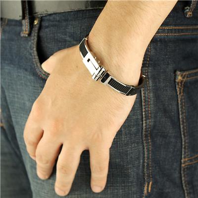 Stainless Steel Black Rubber with Textured Design Bracelet