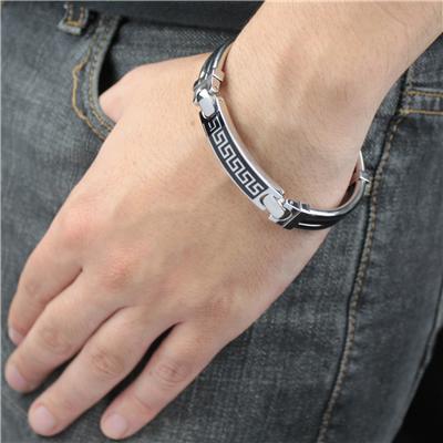 Stainless Steel Greek Key Pattern Enamel Link Bracelet