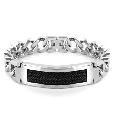 Stainless Steel Bracelet with Black Cable Inlay on Curb Chain - 9 Inch