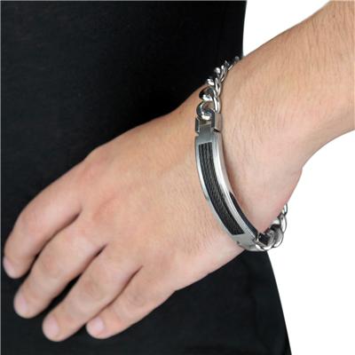 Stainless Steel Bracelet with Black Cable Inlay on Curb Chain - 9 Inch