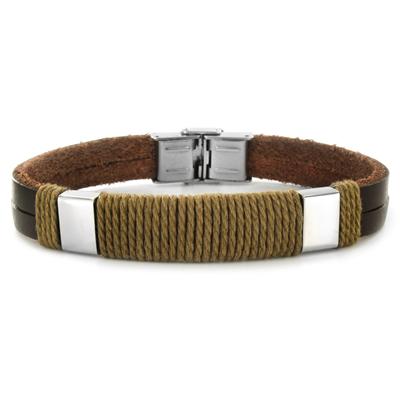 Stainless Steel and Leather Mens Rope Detail Bracelet
