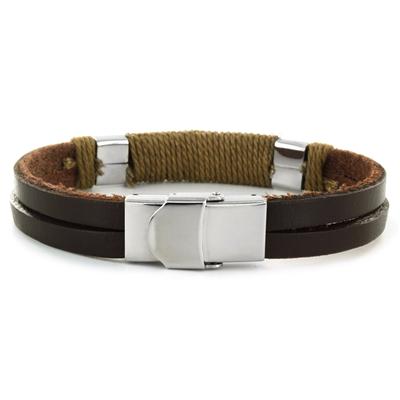 Stainless Steel and Leather Mens Rope Detail Bracelet