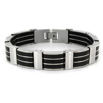Stainless Steel Mens Black Rubber and Polished Link Bracelet