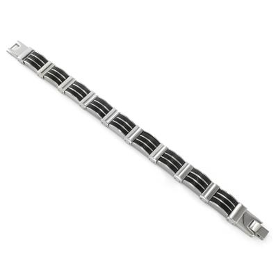 Stainless Steel Mens Black Rubber and Polished Link Bracelet