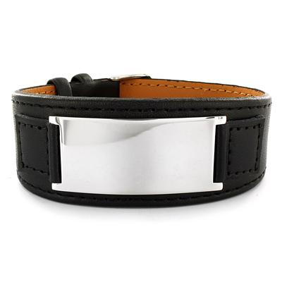 Stainless Steel and Black Leather Mens Engraveable Plate Bracelet