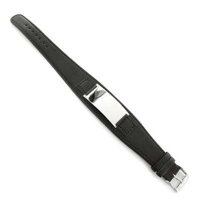 Stainless Steel and Black Leather Mens Engraveable Plate Bracelet