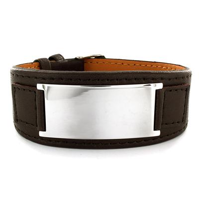 Stainless Steel and Brown Leather Mens Engraveable Plate Bracelet
