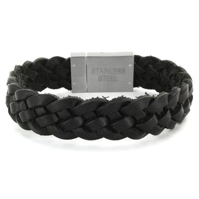 Stainless Steel and Black Leather Mens Woven Bracelet