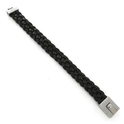 Stainless Steel and Black Leather Mens Woven Bracelet