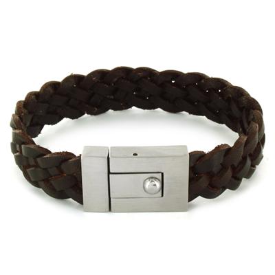 Stainless Steel and Brown Leather Mens Woven Bracelet