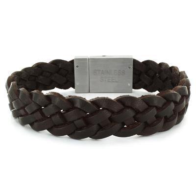 Stainless Steel and Brown Leather Mens Woven Bracelet