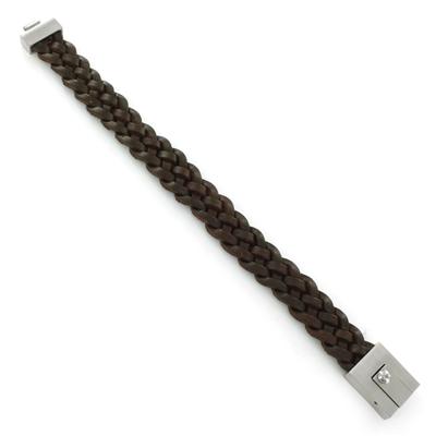Stainless Steel and Brown Leather Mens Woven Bracelet
