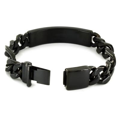 Mens Engraveable Black Plated Stainless Steel ID Bracelet with Hidden Clasp