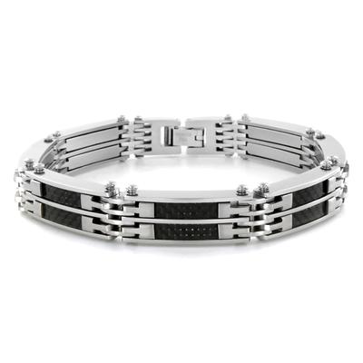 Stainless Steel Mens Link Bracelet with Black Carbon Fiber Inlay