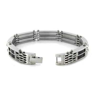 Stainless Steel Mens Link Bracelet with Black Carbon Fiber Inlay
