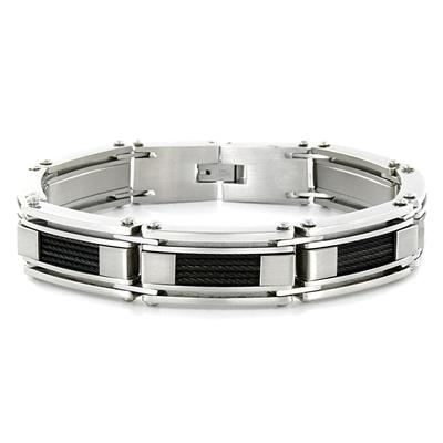 Stainless Steel Black Cable Inlay Link Bracelet