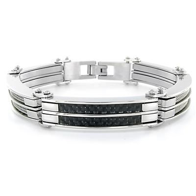 Stainless Steel Mens Cable and Black Carbon Fiber Bracelet