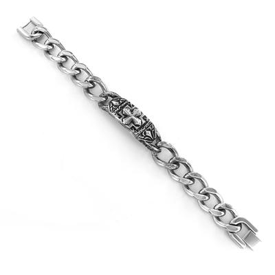 Stainless Steel Ornate Gothic Cross Plate Link Bracelet