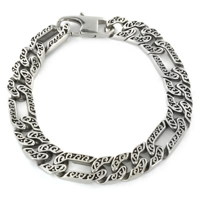 Stainless Steel Mens Etched Figaro Bracelet
