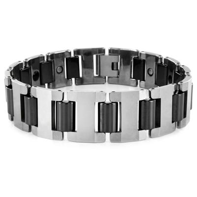 Tungsten Silvertone and Black Link Mens Bracelet