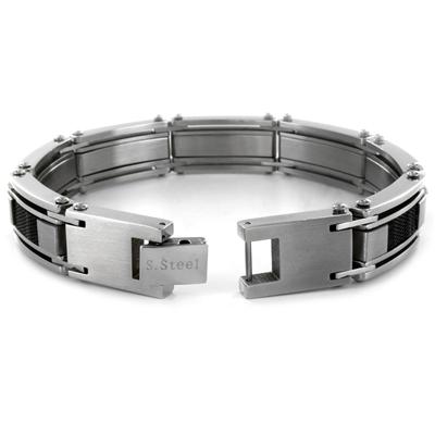 Stainless Steel Black Carbon Fiber and Mesh Link Mens Bracelet