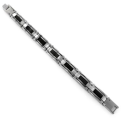 Stainless Steel Black Carbon Fiber and Mesh Link Mens Bracelet