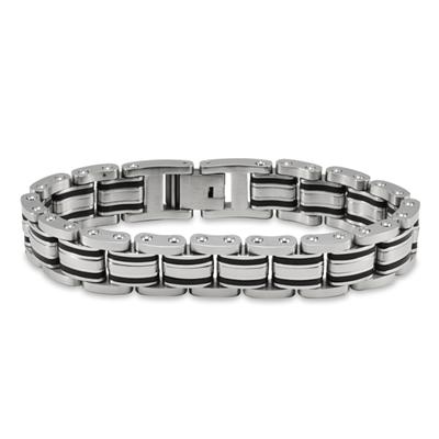 Stainless Steel and Black Rubber Brushed Mens Bracelet