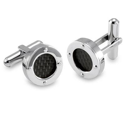 Stainless Steel Cufflinks with Black Carbon Fiber Inlay and Rivet Accents