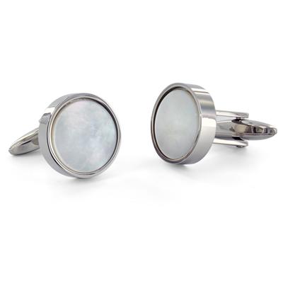 Round Stainless Steel with White Mother of Pearl Cuff Links