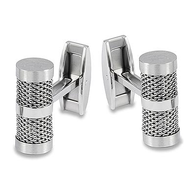Stainless Steel and Mesh Inlay Barrel Shaped Cuff Links