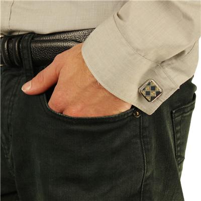 Stainless Steel with Black and White Carbon Fiber Checkerboard Inlay Cuff Links