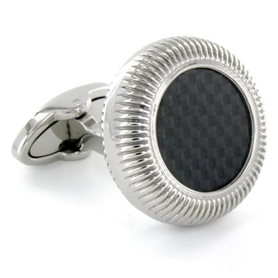 Circular Stainless Steel with Black Carbon Fiber Inlay Cuff Links