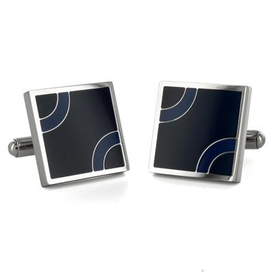 Stainless Steel Blue and Black Patterned Cufflinks - Black with Blue Arcs