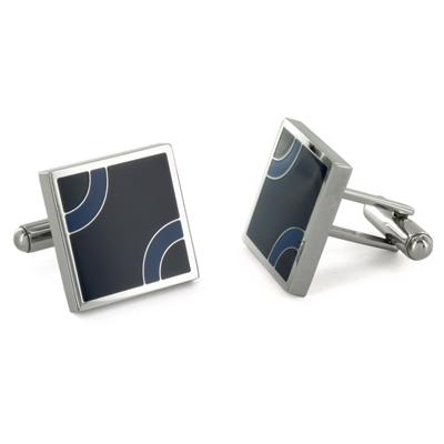 Stainless Steel Blue and Black Patterned Cufflinks - Black with Blue Arcs