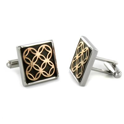 Stainless Steel Black and Gold Circle Inlay Square Cuff Links