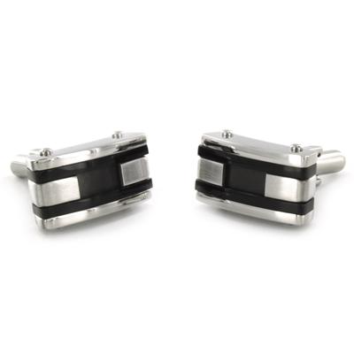 Stainless Steel Colored Inlay and Black Racing Stripe Cuff Links - Black