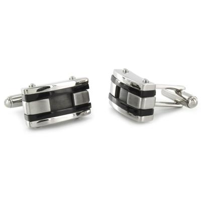Stainless Steel Colored Inlay and Black Racing Stripe Cuff Links - Black