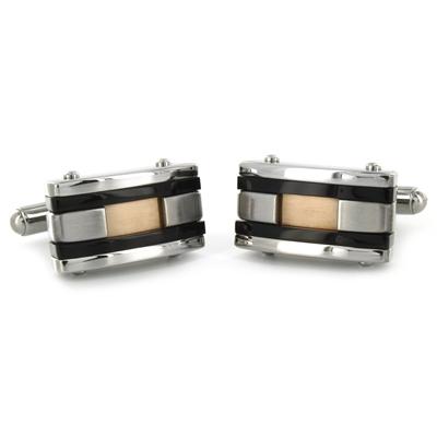 Stainless Steel Colored Inlay and Black Racing Stripe Cuff Links - Copper